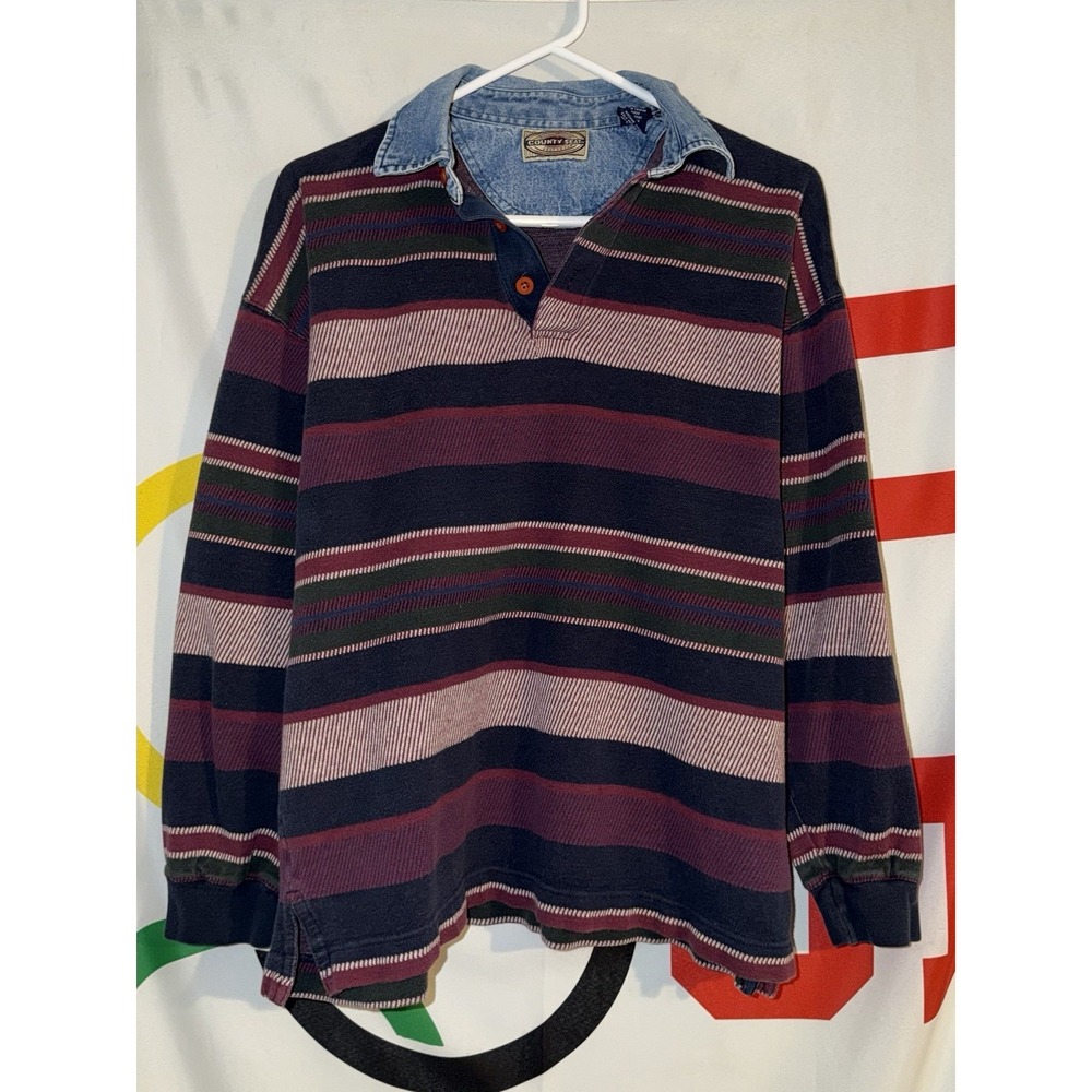 Vintage County Seat Polo Shirt Medium Striped 90s Long Sleeve Denim Collar